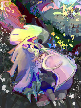 affectionate animal_focus aporic arceus big_nose closed_eyes closed_mouth cuddling fanart_of_fanfic fighting flower gen_3_pokemon gen_4_pokemon gen_6_pokemon gen_7_pokemon gladion_(pokemon) gogoat legendary_pokemon looking_at_another lying_on_animal lying_on_pokemon mythical_pokemon nintendo official_alternate_color outdoors pokemon pokemon_(creature) rayquaza silvally slit_pupils yellow_eyes yellow_flower