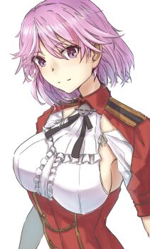 1girl black_ribbon breasts commentary from_side giuseppe_garibaldi_(kancolle) hair_between_eyes highres kantai_collection looking_at_viewer looking_to_the_side medium_breasts neck_ribbon pink_eyes pink_hair ribbon short_hair sideboob simple_background smile solo tonke upper_body white_background