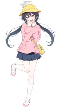 Rule 34 | + +, 1girl, :d, bag, black hair, blue archive, blue skirt, commentary request, full body, grey eyes, hair between eyes, hair bobbles, hair ornament, halo, hand to own mouth, hands up, hat, head tilt, heart, highres, kindergarten bag, kindergarten uniform, kisaki (blue archive), kisaki (kindergarten uniform) (blue archive), long hair, long sleeves, low twintails, nagami yuu, open mouth, pink shirt, pleated skirt, puffy long sleeves, puffy sleeves, school hat, shirt, shoes, simple background, skirt, sleeves past wrists, smile, socks, solo, standing, standing on one leg, teeth, twintails, upper teeth only, uwabaki, very long hair, white background, white shoes, white socks, yellow hat