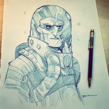 Rule 34 | 1boy, artist name, bald, batman (series), brett bean, dc comics, fishbowl helmet, formal clothes, graphite (medium), male focus, mr. freeze, old, old man, red eyes, red goggles, signature, sketch, solo, solo focus, standing, suit, traditional media, upper body