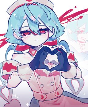 1girl absurdres ai_zokusei_(vocaloid) alternate_costume black_gloves blue_hair commentary gloves hat hatsune_miku heart heart_hands heart_print highres looking_at_viewer nurse nurse_cap pinkish_scarlet red_eyes solo symbol-only_commentary upper_body vocaloid