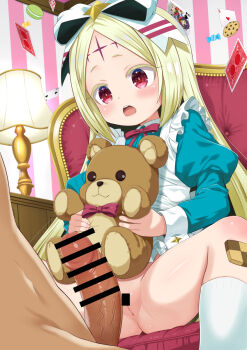 1boy 1girl bar_censor blonde_hair card censored hetero highres loli long_hair mahou_shoujo_ni_akogarete morino_korisu nero_alice open_mouth paid_reward_available penis red_eyes sitting socks stuffed_animal stuffed_toy teddy_bear usayaki_soba variant_set