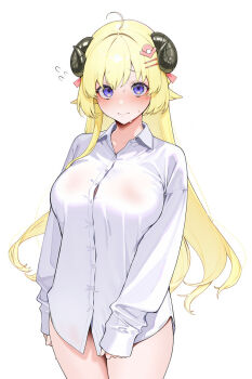 1girl ahoge animal_ears blonde_hair blush bottomless breasts closed_mouth collared_shirt commentary_request cowboy_shot dress_shirt flying_sweatdrops free_(user_uckj7347) hair_ornament hairclip highres hololive horns large_breasts long_hair long_sleeves looking_at_viewer naked_shirt parallel_hairclips purple_eyes sheep_ears sheep_girl sheep_horns shirt simple_background sleeves_past_wrists solo standing sweat tsunomaki_watame virtual_youtuber white_background white_shirt