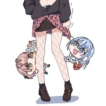 3girls animal_print blue_hair blush brown_hair cake chibi commentary dot_nose english_commentary fang fishnets food gift highres holding holding_gift idolmaster idolmaster_shiny_colors ikaruga_luca ikuta_haruki leopard_print motion_lines multiple_girls ohgi910 open_mouth pantyhose simple_background skin_fang skirt suzuki_hana trembling white_background