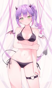 1girl bikini black_bikini blush breasts closed_mouth cowboy_shot demon_horns demon_tail ear_piercing green_eyes hair_ornament hairclip halterneck heart heart_o-ring highres holding_own_arm hololive horns looking_at_viewer medium_breasts multicolored_hair o-ring o-ring_thigh_strap piercing pink_hair profnote purple_hair side-tie_bikini_bottom side_ponytail sidelocks solo standing streaked_hair string_bikini swimsuit tail tail_ornament tail_piercing thigh_strap tokoyami_towa virtual_youtuber