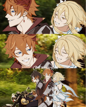 1girl 2boys black_gloves blonde_hair blue_eyes brown_hair commentary dress earrings english_commentary eriimyon expressionless eyeliner flower genshin_impact gloves gradient_hair grin hair_between_eyes hair_flower hair_ornament highres jewelry low_ponytail lumine_(genshin_impact) makeup mask mask_on_head meme motor_vehicle motorcycle multicolored_hair multiple_boys ponytail red_eyeliner red_mask royal_enfield royal_enfield_classic sequential sidelocks single_earring sitting smile tartaglia_(genshin_impact) tassel tassel_earrings twitter_username white_dress white_flower white_legwear yellow_eyes zhongli_(genshin_impact)