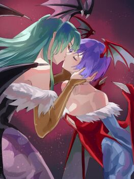 2girls bat_cutout bat_wings black_leotard blue_gloves breasts cleavage closed_eyes commentary darkstalkers demon_girl english_commentary fingerless_gloves fingernails fusenryo gloves green_hair hands_on_another's_face kiss leotard lilith_(darkstalkers) long_fingernails long_hair morrigan_aensland multiple_girls orange_gloves pantyhose purple_hair red_leotard selfcest short_hair wings yuri