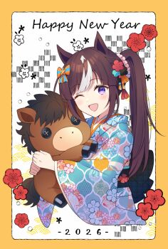 Rule 34 | 1girl, 2026, animal ears, blush, bow, brown hair, commentary request, creature and personification, cropped torso, ear bow, floral print, floral print kimono, flower, hair ornament, happy new year, highres, hokko tarumae (racehorse), hokko tarumae (umamusume), holding, holding stuffed toy, horse ears, horse girl, japanese clothes, kimono, long hair, long sleeves, looking at viewer, multicolored hair, new year, one eye closed, open mouth, personification, ponytail, print kimono, purple eyes, smile, solo, striped bow, striped hair, stuffed animal, stuffed horse, stuffed toy, umamusume, white hair, yukichi (eikichi)