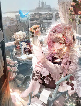 1girl bird black_dress blonde_hair bow building chair commentary_request day dress drill_hair flower frills hair_flower hair_ornament highres holding komorihikki long_hair long_sleeves original pink_flower pink_rose red_eyes rose sensitive sitting socks solo white_flower window