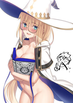 1boy 1girl absurdres aesc_(fate) aesc_(rain_witch)_(fate) aroused_nosebleed bare_shoulders besmiled blonde_hair blood blue_eyes blush boobs_in_book_(meme) book bow breasts cleavage cloak coat collarbone commentary completely_nude convenient_censoring faerie_knights_(fate) fate/grand_order fate_(series) fujimaru_ritsuka_(male) glasses green_eyes hair_between_eyes hat highres holding holding_book hugging_book hugging_object large_breasts long_hair looking_at_viewer medium_breasts meme navel nosebleed nude open_mouth robe round_eyewear simple_background smile solo sweat very_long_hair white_background white_cloak white_coat white_hat white_robe wide_brim witch_hat