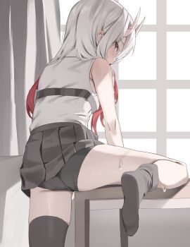 1girl absurdres ass black_panties black_thighhighs feet highres hololive horns indoors leg_lift long_hair looking_back multicolored_hair nakiri_ayame oni panties red_eyes red_hair scarlet_(wv0102) skin-covered_horns solo sweat thighhighs underwear virtual_youtuber white_hair window