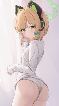 1girl absurdres animal_ear_headphones animal_ears ass blonde_hair blue_archive blunt_bangs blush bow cat_ear_headphones cat_ears clenched_hand closed_mouth commentary cowboy_shot fake_animal_ears from_behind frown green_bow green_eyes green_halo hair_bow hair_intakes halo hand_up headphones highres looking_at_viewer looking_back midori_(blue_archive) no_pants panties shirt short_hair sidelocks sleeves_past_wrists solo springrain_06 thighs underwear white_panties white_shirt