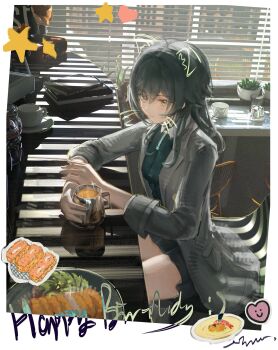 1girl animal_ears birthday black_hair book cat_ears chair closed_mouth coat commentary_request cup dress drinking_glass face_filter fake_animal_ears fake_whiskers food gakuen_idolmaster green_dress grey_coat hair_between_eyes happy_birthday heart highres holding holding_cup idolmaster indoors liquid long_hair long_sleeves looking_ahead plant plate potted_plant salmon saucer shrimp sitting solo star_(symbol) sushi table tsukimura_temari window window_blinds yellow_eyes yiuo_toyi
