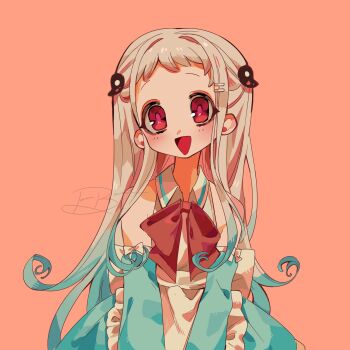 1girl apron aqua_hair back_bow bare_shoulders bow collared_apron commentary cosplay detached_sleeves dress english_commentary frilled_apron frills gradient_hair green_dress highres jewelry jibaku_shounen_hanako-kun long_hair looking_at_viewer maid_apron momone_momo momone_momo_(cosplay) multicolored_hair open_mouth orange_background red_bow red_eyes simple_background smile solo straight-on treebarkagain triangle_mouth utau watermark white_apron white_bow white_hair yashiro_nene