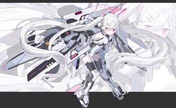 Rule 34 | 1girl, absurdly long hair, absurdres, black thighhighs, blue archive, blush, breasts, bright pupils, closed mouth, commentary request, force (fossan 01), full body, hair between eyes, hair ornament, hairclip, halo, highres, holding, holding weapon, kei (blue archive), leaning forward, leotard, letterboxed, long bangs, long hair, looking at viewer, mecha musume, mechanical arms, mechanical legs, mechanical wings, parallel hairclips, pink eyes, pink halo, rectangular halo, ringed eyes, small breasts, solo, thighhighs, twintails, very long hair, weapon, white background, white hair, white leotard, white pupils, wings, x hair ornament, zoom layer