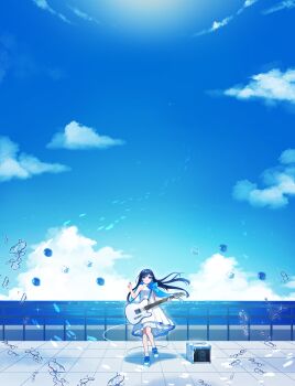 1girl absurdres bare_arms bare_shoulders binchou_maguro blue_eyes blue_hair blue_ribbon blue_shoes blue_sky cevio closed_mouth cloud collared_dress colored_inner_hair day dress futaba_minato guitar hair_ornament hairclip highres holding holding_guitar holding_instrument instrument long_hair missing_commentary multicolored_hair neck_ribbon ocean outdoors ribbon shoes sky sleeveless sleeveless_dress smile solo splashing standing wide_shot