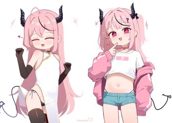 +++ 1girl :3 :d ahoge bare_shoulders black_choker black_gloves black_hair black_panties black_thighhighs blue_shorts blush china_dress chinese_clothes choker closed_eyes closed_mouth cowboy_shot crop_top cropped_shirt demon_girl demon_horns demon_tail denim denim_shorts dress ear_piercing elbow_gloves fang finger_to_mouth flat_chest gloves hair_between_eyes hair_ornament heart highleg highleg_panties highres horns jacket jacket_partially_removed loli long_hair long_sleeves looking_at_viewer mesugaki midriff multicolored_hair multiple_views navel off_shoulder open_clothes open_jacket open_mouth original panties panty_straps pelvic_curtain piercing pink_choker pink_eyes pink_hair pink_jacket puffy_long_sleeves puffy_sleeves red_eyes shirt short_shorts short_sleeves shorts side-tie_panties side-tie_peek side_slit simple_background skin_fang sleeveless sleeveless_dress sleeves_past_fingers sleeves_past_wrists smile sseopik streaked_hair string_panties symbol_in_eye tail thighhighs twitter_username two_side_up underwear very_long_hair virtual_youtuber white_background white_dress white_shirt