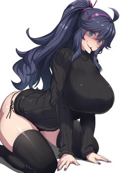 1girl @_@ absurdres ahoge alternate_breast_size_(larger) black_nails black_panties black_sweater black_thighhighs breasts commentary_request curvy food food_in_mouth hairband hex_maniac_(pokemon) hex_maniac_(pokemon_xy) high_ponytail highres huge_breasts looking_at_viewer maki_ikazuya nintendo panties pocky pocky_in_mouth pokemon pokemon_xy ponytail purple_hairband simple_background solo sweater thighhighs turtleneck turtleneck_sweater underwear white_background