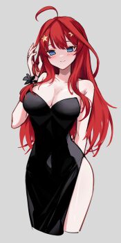 1girl absurdres black_dress blue_eyes blush bracelet breasts cleavage collarbone dress go-toubun_no_hanayome grey_background hair_intakes hair_ornament highres jewelry large_breasts legs long_hair looking_at_viewer nakano_itsuki profnote red_hair side_slit simple_background solo
