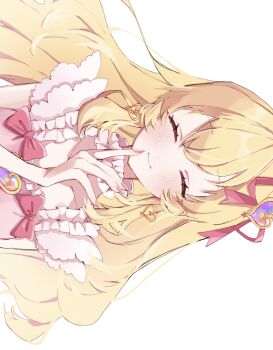 1girl aikatsu!_(series) blonde_hair bow brooch choker closed_mouth earrings facing_viewer fingernails frilled_choker frills guri_(ak1002s) hair_ribbon heart heart_brooch heart_earrings highres hoshimiya_ichigo jewelry long_hair pink_bow pink_ribbon ribbon sideways simple_background smile solo upper_body white_background