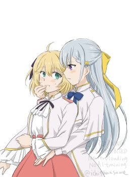 2girls ahoge anisphia_wynn_palettia black_ribbon blonde_hair blue_ribbon blush closed_mouth coat commentary_request euphyllia_magenta green_eyes grey_hair hair_ribbon hand_on_another&#039;s_face hand_on_another&#039;s_waist highres ichigomusume604 jacket long_hair medium_hair multiple_girls neck_ribbon pink_skirt purple_eyes ribbon shirt simple_background skirt smile sweat tensei_oujo_to_tensai_reijou_no_mahou_kakumei white_background white_coat white_jacket white_shirt yellow_ribbon yuri