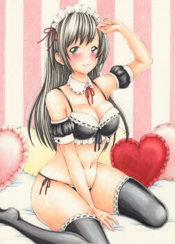 1girl absurdres arm_support arm_up armband between_legs black_armband black_bra black_hair black_panties black_thighhighs blush bow bow_bra bra breasts closed_mouth collar commentary_request detached_collar dot_nose frilled_bra frilled_pillow frilled_thighhighs frills grey_eyes hand_between_legs heart heart-shaped_pillow highres large_breasts long_hair looking_at_viewer maid maid_headdress marker_(medium) midori_(mira567) navel neck_ribbon no_shoes on_bed original panties pillow pink_background red_ribbon ribbon side-tie_panties sitting solo stomach straight_hair string_panties striped_background thighhighs traditional_media unconventional_maid underwear underwear_only vertical-striped_background wariza white_collar wing_collar