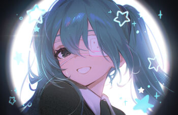 1girl adelie_cat aqua_hair black_jacket collared_shirt crying crying_with_eyes_open eyepatch freckles hashtag-only_commentary hatsune_miku jacket long_hair looking_at_viewer medical_eyepatch monitoring_(vocaloid) pov_peephole shirt smile solo star_(symbol) tears twintails vocaloid white_background white_mouth white_shirt