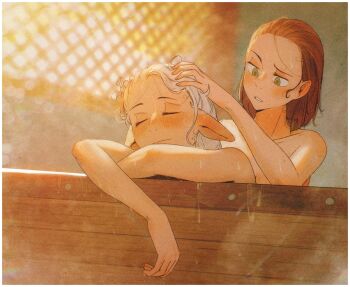 asimov_(spindle_(aidenr0)) bath blush brown_hair elf green_eyes highres nude original ottilie_(spindle_(aidenr0)) pointy_ears shared_bathing spindle_(aidenr0) washing_another washing_hair white_hair window