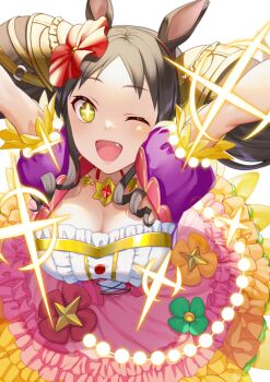 Rule 34 | + +, 1girl, akatsuki (kuon), animal ears, arms up, black hair, blush, breasts, brown eyes, center frills, cleavage, commentary request, corset, dress, fang, frills, gradient clothes, gradient dress, hair ornament, hairband, horse ears, horse girl, large breasts, long hair, looking at viewer, marvelous sunday (kira doki waku mabe) (umamusume), marvelous sunday (umamusume), multicolored dress, one eye closed, open mouth, pink corset, pink skirt, purple dress, red hairband, short sleeves, skirt, smile, solo, sparkle, twintails, umamusume, yellow eyes