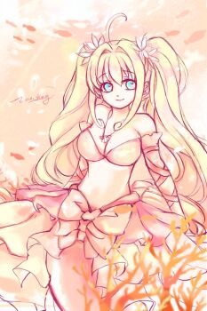 1girl ahoge air_bubble arm_ribbon bare_shoulders blonde_hair blue_eyes bow bra breasts bubble closed_mouth coral cowboy_shot detached_sleeves dot_nose eyelashes fins fish fish_tail flower frilled_sleeves frills hair_flower hair_intakes hair_ornament happy highres jewelry lan_sing large_breasts long_hair long_sleeves looking_at_viewer medium_skirt mermaid mermaid_melody_pichi_pichi_pitch monster_girl nanami_lucia necklace no_navel orange_background pink_bow pink_bra pink_flower pink_ribbon pink_skirt pink_sleeves pink_tail pink_theme pleated_skirt ribbon shell shell_necklace sidelocks signature skirt smile solo stomach strapless strapless_bra tail tareme twintails underwater underwear very_long_hair waist_bow water_lily_flower