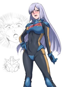 1girl blush bodysuit brown_eyes covered_navel embarrassed glemy_toto gundam gundam_zz highres long_hair mecha_pilot_suit purple_hair roux_louka siratori_(yy_203) solo_focus standing zeta_gundam_(mobile_suit)