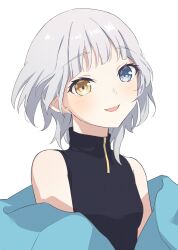 Rule 34 | 1girl, absurdres, bang dream!, bang dream! it&#039;s mygo!!!!!, bare shoulders, black shirt, blue eyes, blue jacket, blush, commentary, heterochromia, highres, jacket, kaname raana, lavirince, looking at viewer, off shoulder, open mouth, shirt, short hair, simple background, sleeveless, sleeveless shirt, smile, solo, upper body, white background, white hair, wolf cut, yellow eyes