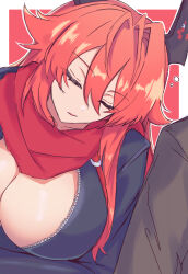 Rule 34 | 1boy, 1girl, absurdres, ahoge, black jacket, breasts, cleavage, closed eyes, commander (nikke), commentary request, goddess of victory: nikke, hair between eyes, highres, horns, jacket, jin (jjj), large breasts, leaning on person, leather, leather jacket, long hair, long sleeves, mechanical horns, parted lips, red background, red hair, red hood (nikke), red scarf, scarf, sidelocks, sleeping, solo focus, squeans, unzipped, upper body, zipper