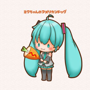 1girl :3 absurdres aqua_eyes aqua_hair aqua_necktie boots chibi chibi_only closed_mouth commentary_request corn_dog detached_sleeves food full_body hatsune_miku highres holding holding_food long_hair long_sleeves miniskirt necktie pleated_skirt sh1n_chan shirt skirt sleeveless sleeveless_shirt solo spring_onion standing thick_outlines thigh_boots twintails very_long_hair vocaloid