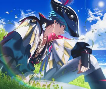 Rule 34 | 1boy, blue hair, blue shirt, brant (wuthering waves), commentary, english commentary, from side, hat, highres, looking at viewer, male focus, multicolored hair, open clothes, open shirt, outdoors, pants, parted lips, sae naiyatsu, shirt, short hair, sideways glance, sitting, smile, solo, streaked hair, tacet mark (wuthering waves), tricorne, white pants, wuthering waves