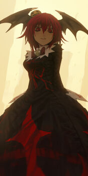 Rule 34 | 1girl, bat wings, borrowed character, bow, bowtie, dress, female focus, food-themed hair ornament, hair ornament, head wings, highres, original, parted lips, pumpkin hair ornament, red eyes, red hair, sayo (isao), short hair, solo, tsukuba masahiro, wings