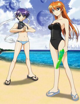 Rule 34 | 00s, 2girls, beach, bikini, day, feet, flip-flops, image sample, lyrical nanoha, mahou shoujo lyrical nanoha, mahou shoujo lyrical nanoha strikers, multiple girls, okuda yasuhiro, outdoors, sandals, subaru nakajima, swimsuit, teana lanster, third-party edit, water gun
