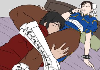 1boy 1girl absurdres bed bedroom boots bracelet brown_eyes brown_hair brown_pantyhose capcom china_dress chinese_clothes chun-li chun-li_fan commission commissioner_upload dress earrings grabbing_another's_thighs hair_buns head_between_thighs highres jewelry kiss kissing_thigh leggings legs moaning open_mouth pantyhose sash shukeiart spiked_bracelet spikes street_fighter thick_thighs thigh_grab thighs