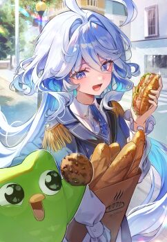 1girl absurdres ahoge ascot bag baguette bird blue_ascot blue_eyes blue_hair bread collared_shirt cookie datsha day drop-shaped_pupils duo_(duolingo) duolingo epaulettes eyes_visible_through_hair food frilled_sleeves frills furina_(genshin_impact) genshin_impact guest_art hair_between_eyes hair_intakes hand_up hashtag-only_commentary highres holding holding_bag holding_cookie holding_food holding_sandwich house lamppost lolita_fashion long_hair long_sleeves looking_at_another mismatched_pupils multicolored_hair open_mouth ouji_fashion outdoors owl paper_bag puffy_sleeves sandwich shirt sleeve_cuffs solo symbol-shaped_pupils tree upper_body very_long_hair white_hair white_shirt window