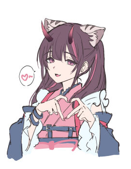 1boy animal_ear_fluff black_hair blunt_bangs bracelet cho_kaguya-hime! commentary_request cropped_torso crossdressing crossdressing_(mtf) frilled_sleeves frills ha_ji_pi hands_up heart heart_hands highres horns japanese_clothes jewelry kimono komazawa_noi long_hair long_sleeves looking_at_viewer male_focus multicolored_hair open_mouth pink_eyes pink_kimono simple_background smile solo spoken_heart streaked_hair trap twintails upper_body white_background