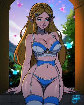 1girl arch blonde_hair blue_eyes blue_nails bra braid breasts brick_wall choker cleavage closed_mouth collarbone crown_braid fairy garter_belt hair_ornament hairclip highres jayladair lingerie long_hair looking_at_viewer medium_breasts mountain nail_polish navel nintendo pointy_ears princess_zelda signature smile the_legend_of_zelda the_legend_of_zelda:_breath_of_the_wild the_legend_of_zelda:_tears_of_the_kingdom thighhighs tree triforce underwear white_choker wide_hips