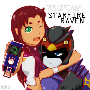 colored_sclera cosplay dc_comics digimon digimon_savers digivice falcomon_(digimon_savers) falcomon_(digimon_savers)_(cosplay) green_eyes green_sclera one_eye_closed raven_(dc) smile starfire teen_titans wink