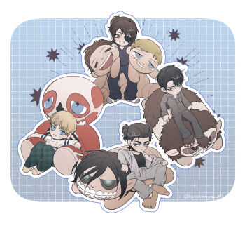 Rule 34 | 1other, 3boys, armin arlert, beast titan, black hair, black pantyhose, black tank top, blonde hair, blue eyes, border, brown hair, character doll, chibi, chibi only, colossal titan, commentary, doll, eren yeager, eyepatch, grey jacket, grey pants, grid background, grin, hair bun, hange zoe, highres, jacket, levi (shingeki no kyojin), lovewithyou 159, medium hair, multiple boys, pants, pantyhose, parted bangs, plaid clothes, plaid pants, ponytail, rogue titan, shingeki no kyojin, shirt, short hair, smile, symbol-only commentary, tank top, teeth, titan (shingeki no kyojin), twitter username, updo, white border, white shirt