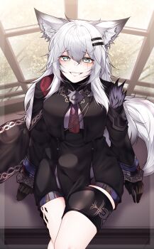 1girl absurdres animal_ears arknights black_gloves black_jacket breasts commentary dated_commentary fangs gloves green_eyes grin highres jacket lappland_(arknights) lappland_the_decadenza_(arknights) large_breasts long_hair looking_at_viewer material_growth official_alternate_costume oripathy_lesion_(arknights) parted_lips samip scar scar_across_eye scar_on_face sitting smile solo tail white_hair wolf_brooch wolf_ears wolf_girl wolf_tail