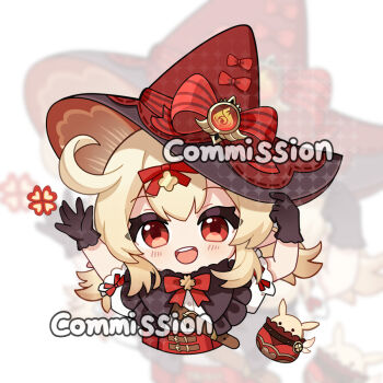 1girl :d black_capelet black_gloves blonde_hair blush bow bowtie capelet chibi chibi_only chinese_commentary commentary_request commission cropped_torso dodoco_(genshin_impact) double-parted_bangs genshin_impact gloves hands_up hat hat_bow klee_(blossoming_starlight)_(genshin_impact) klee_(genshin_impact) looking_at_viewer open_mouth red_bow red_bowtie red_eyes red_hat shirt short_hair simple_background smile solo watermark white_background white_shirt wuliao_de_k_zi