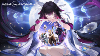 5boys 5girls aether_(genshin_impact) albedo_(genshin_impact) arlecchino_(genshin_impact) arm_up black_hair blonde_hair braid closed_eyes coat columbina_(genshin_impact) commentary_request crescent crop_top dragon_boy dragon_horns dragon_wings dress eye_mask full_moon gem genshin_impact gloves hair_between_eyes hair_intakes hair_ribbon halo hat head_wings highres horns lauma_(genshin_impact) long_hair mask mini_durin_(genshin_impact) mini_durin_(human)_(genshin_impact) moon multicolored_hair multiple_boys multiple_girls official_art own_hands_together paimon_(genshin_impact) pink_hair purple_hair red_eyes ribbon sandrone_(genshin_impact) scaramouche_(genshin_impact) scarf two-tone_hair varka_(genshin_impact) very_long_hair vision_(genshin_impact) wanderer_(genshin_impact) white_dress white_hair white_ribbon wings yellow_eyes