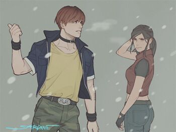 1boy 1girl belt black_gloves blue_eyes bracelet brown_hair choker claire_redfield commentary cropped_jacket denim english_commentary fingerless_gloves gloves jacket jeans jewelry lowres messy_hair pants ponytail red_hair resident_evil resident_evil:_the_darkside_chronicles resident_evil_-_code:_veronica sardine_(kjr0313) snow snowing standing steve_burnside