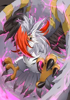 animal_focus beak bird black_sclera bright_pupils colored_sclera commentary_request gen_4_pokemon grey_feathers highres lightning long_bangs mega_pokemon mega_staraptor multicolored_hair nintendo no_humans open_mouth orange_streaks pokemon pokemon_(creature) pokemon_focus purple_lightning red_eyes sawa_d signature staraptor streaked_hair talons twitter_username wings