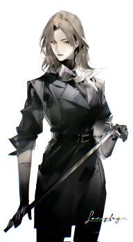 Rule 34 | 1girl, belt, black gloves, cane, cowboy shot, gloves, highres, holding, holding cane, langley (path to nowhere), llmia4, medium hair, path to nowhere, solo, standing, turtleneck