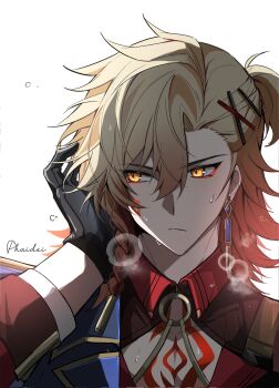 Rule 34 | 1boy, alternate costume, black gloves, blonde hair, braid, chest tattoo, cleavage cutout, clothing cutout, collared jacket, commentary, earrings, facial tattoo, gloves, gold earrings, goldenpenguin96, gradient hair, hair ornament, hairpin, highres, honkai: star rail, honkai (series), jacket, jewelry, male focus, medium hair, multicolored hair, mydei (honkai: star rail), red hair, red jacket, red tattoo, short side ponytail, side braid, solo, sweat, tattoo, x hair ornament, yellow eyes